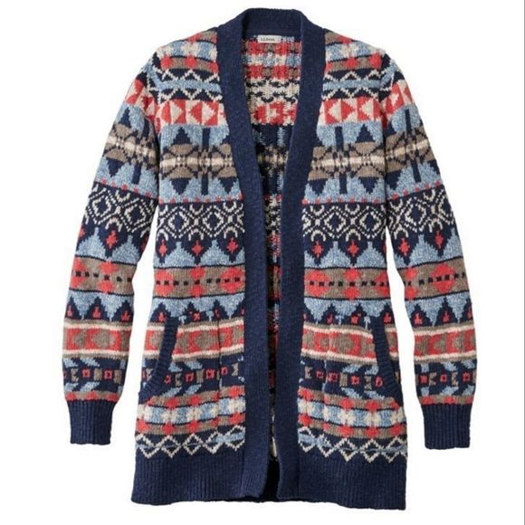 L.L. Bean Sweaters - L.L. Bean Cotton Ragg Blue Multi Fair Isle Sweater Open Front Cardigan a201